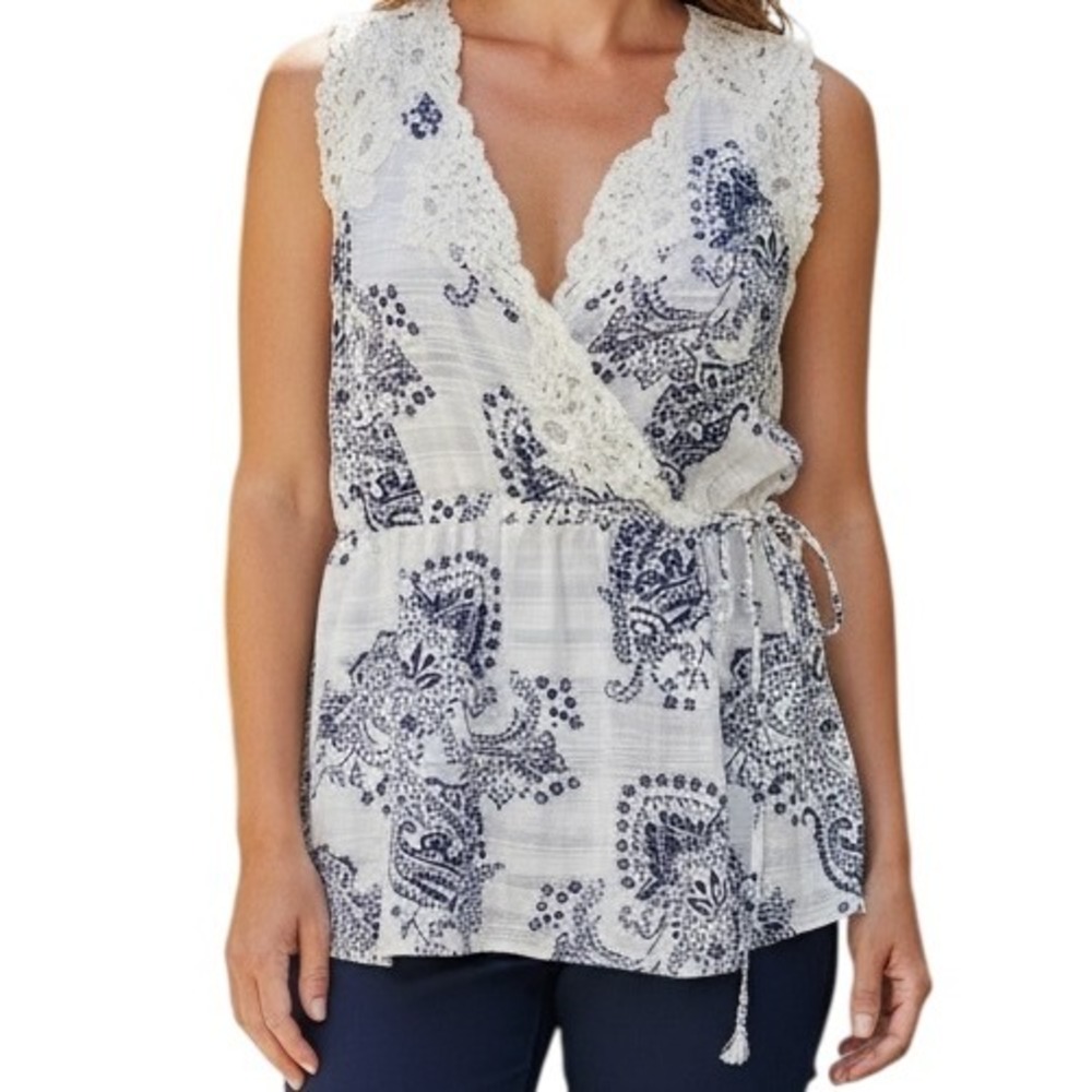 CABI Veranda Sleeveless Lace Trim Top With‎ Drawstring Waist NWOT Size Small
